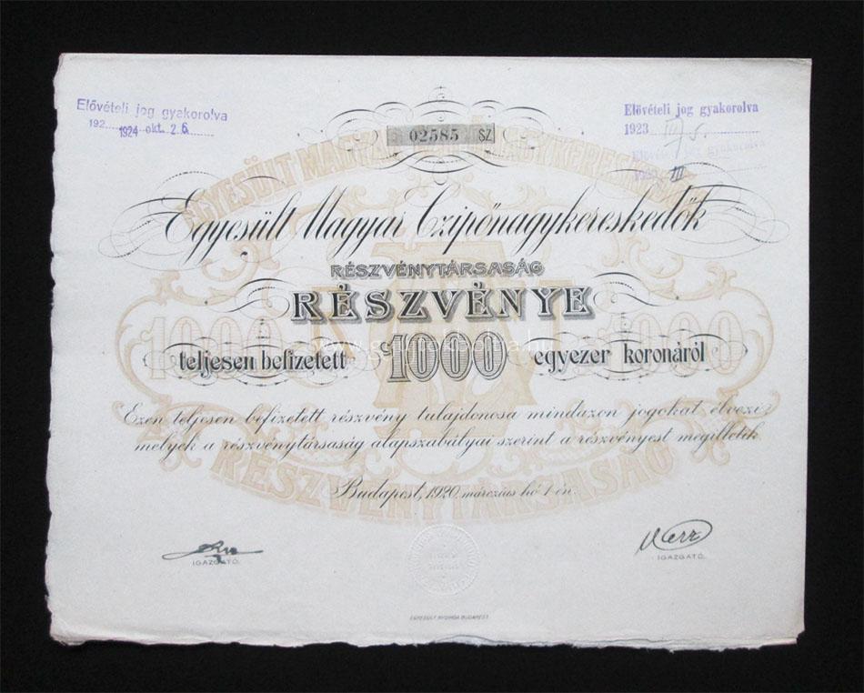 Egyesült Magyar Czipőnagykereskedők részvény 1000 korona 1920